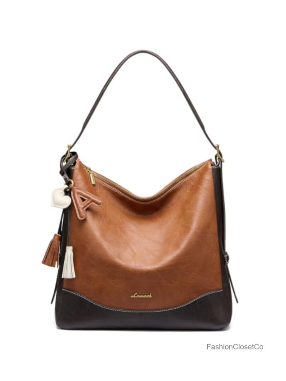 Vegan Leather Hobo Bag with Initial Charm, Crossbody Tote Cup Holder
